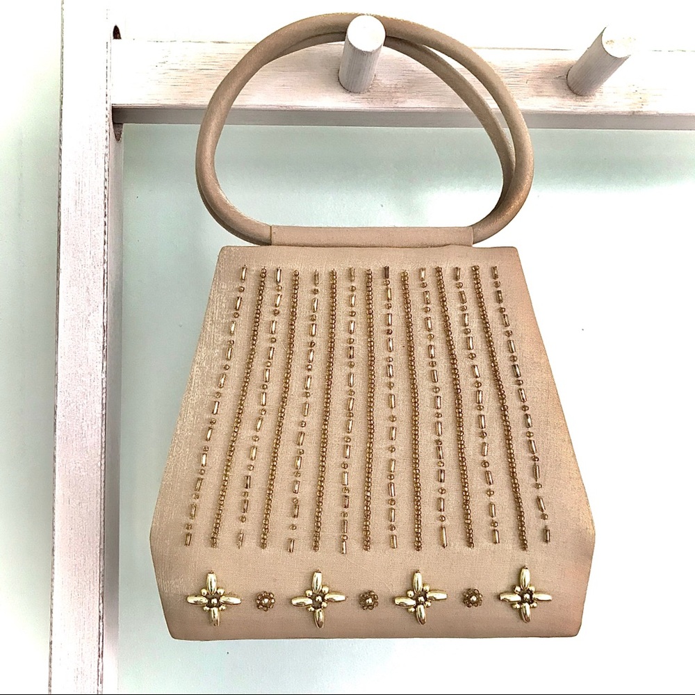 Elegant Cocktail Handbag Silk Beaded Beige Gold